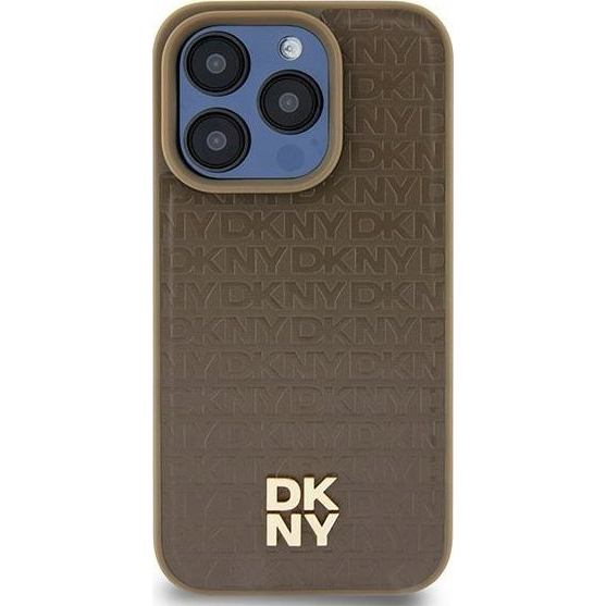 DKNY OVITEK KOVINSKI LOGO Z VZORECEM USNJA ZA MAGSAFE ZA IPHONE 15 14 13 RJAV