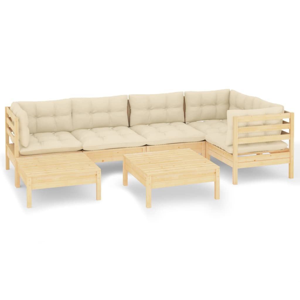 7 darabos tömör fenyőfa kerti ülőgarnitúra krémszínű párnákkal (3096544)