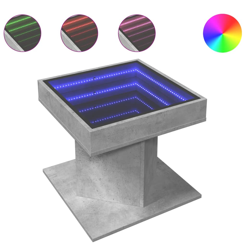 betonszürke szerelt fa dohányzóasztal LED-del 50 x 50 x 45 cm (847563)