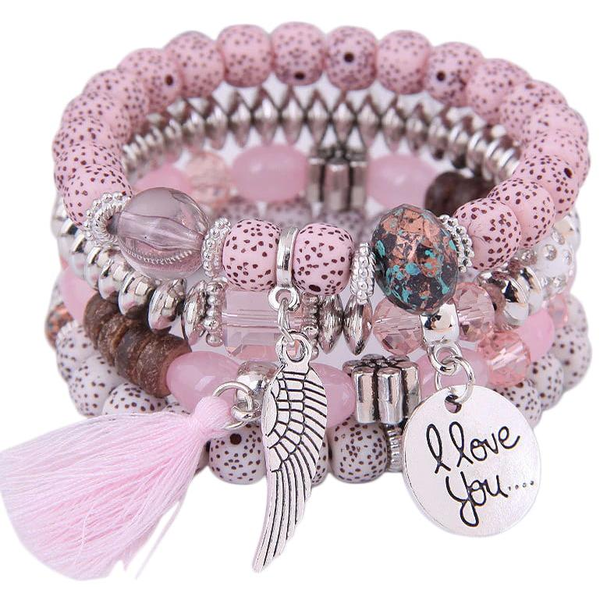 Wrap Q1 női gyöngyös karkötő, rózsaszín - 4db