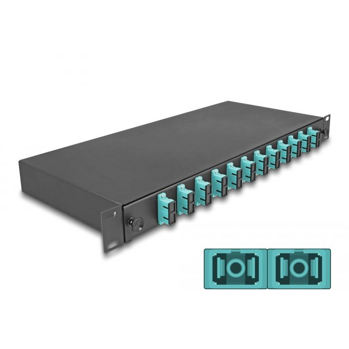 Delock 19” hosszú sínekbe rögzítéshez optikai szálösszefűző doboz, 12db SC Duplex OM3 1U, kompletten összeszerelve (67007) (delock67007)