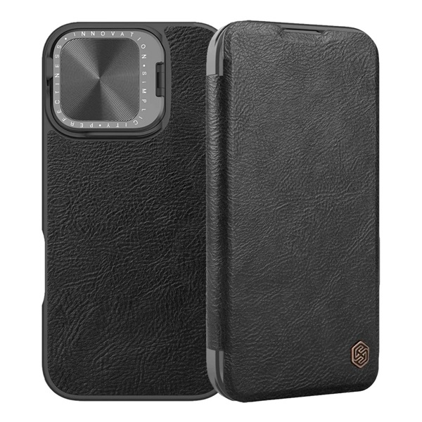 Nillkin QIN PROP tok álló, bőr hatású (FLIP, oldalra nyíló, kártyazseb, kameravédő, kitámasztó) FEKETE Apple iPhone 16 (GP-163216)