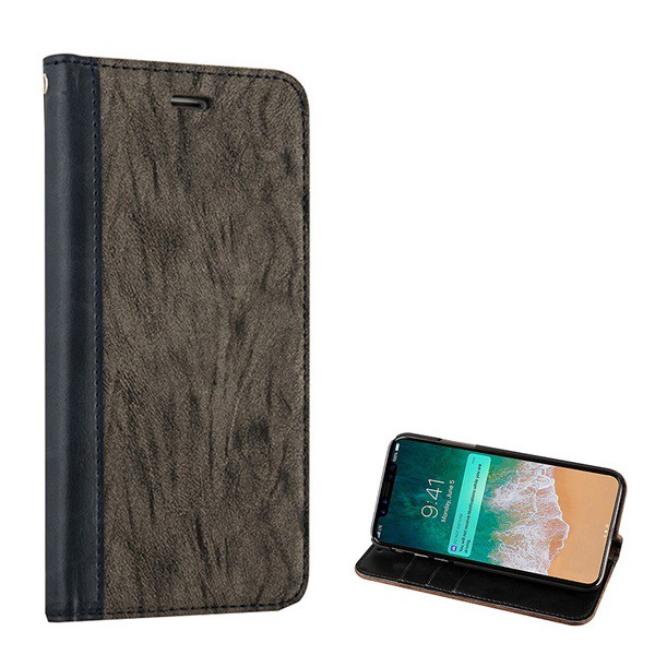 Tok álló, bőr hatású (FLIP, oldalra nyíló, asztali tartó funkció, nyakba akasztható, faerezet minta) SZÜRKE [Apple iPhone XS 5.8] (5996457747016)