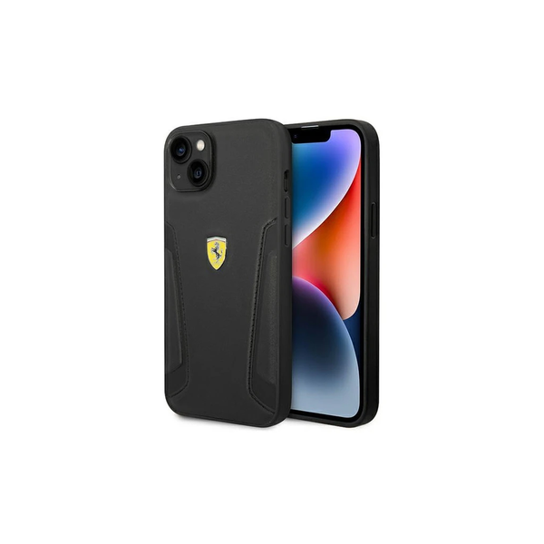 Ferrari FEHCP14MRBUK iPhone 14 Plus / 15 Plus 6,7" készülékhez merev tok Leather Stamp Sides fekete