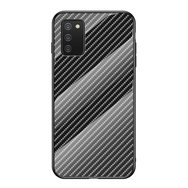 Telefonvédő szilikon keret (BUMPER, edzett üveg hátlap, karbon minta) FEKETE [Samsung Galaxy A02s (SM-A025F)] (5996591037967)