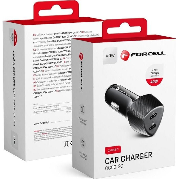 Cargador Coche Double Usb-c 40w Power Delivery Elégant Forcell Negro Carbono