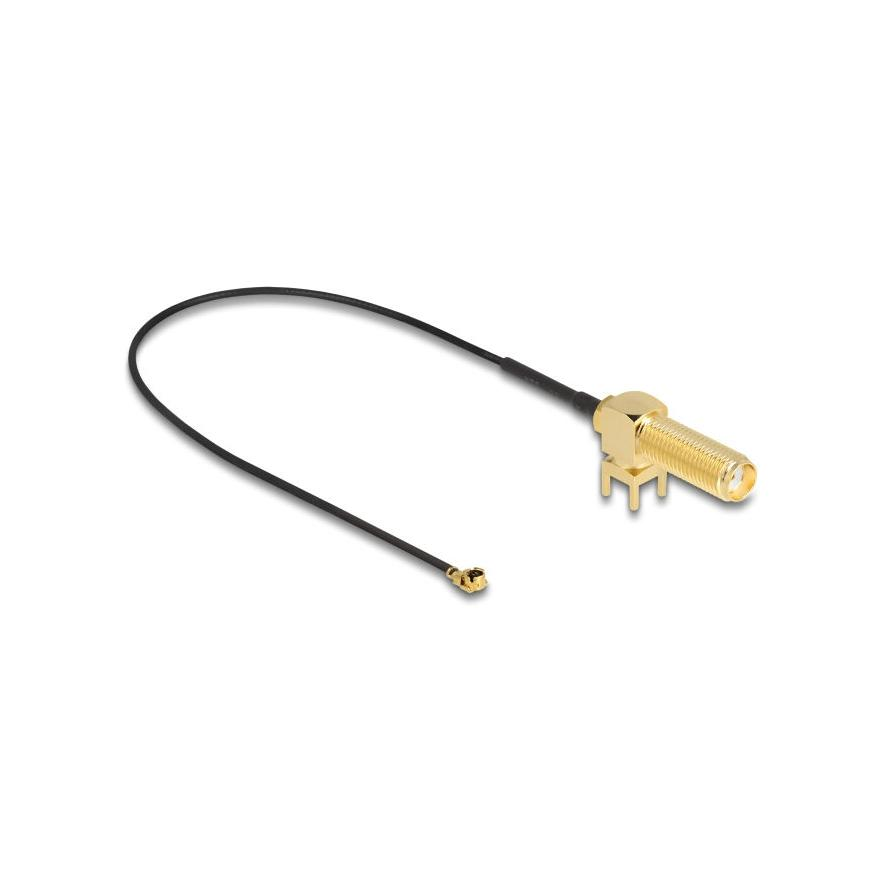 Delock Antenna kábel SMA 90 PCB anya válaszfali csatlakozóval apa I-PEX Inc., MHF I-dugó 1.13 25 cm menethossz 15 mm (12035)