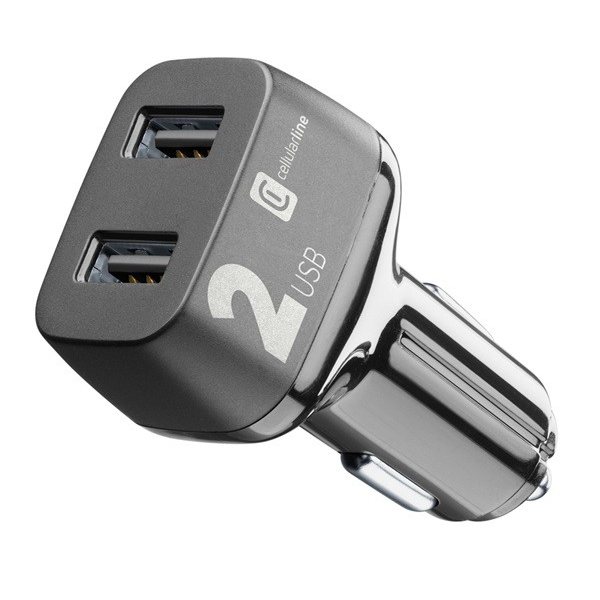 CELLULARLINE autós töltő 2 USB aljzat (9V / 2000 mA, 2 x 12W, gyorstöltés támogatás) FEKETE (CBRUSB224WK)