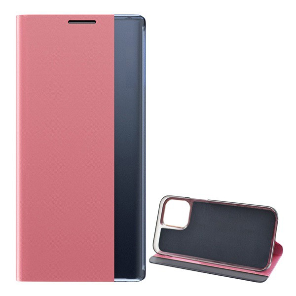 Tok álló, textil hatású (aktív FLIP, oldalra nyíló, asztali tartó funkció, Smart View Cover) RÓZSASZÍN [Apple iPhone 13 mini] (5996591125022)