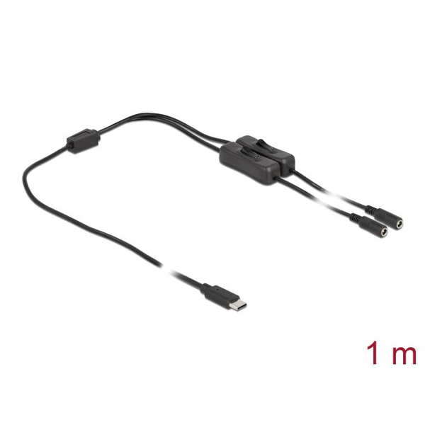 Delock Kabel USB Type-C™ Stecker zu 2 x DC 5,5 x 2,1 mm Buchse mit Schalter 1 m