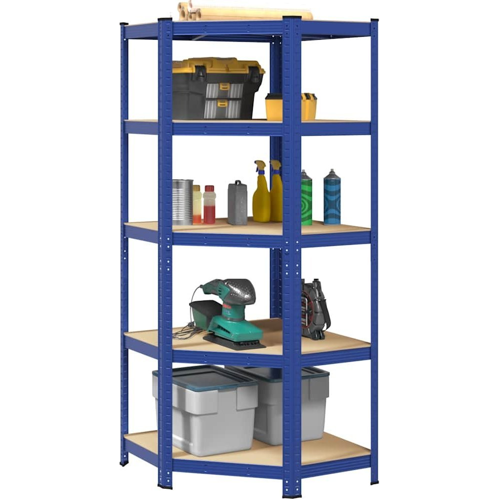 5 szintes kék acél és szerelt fa sarokpolc (4016954)