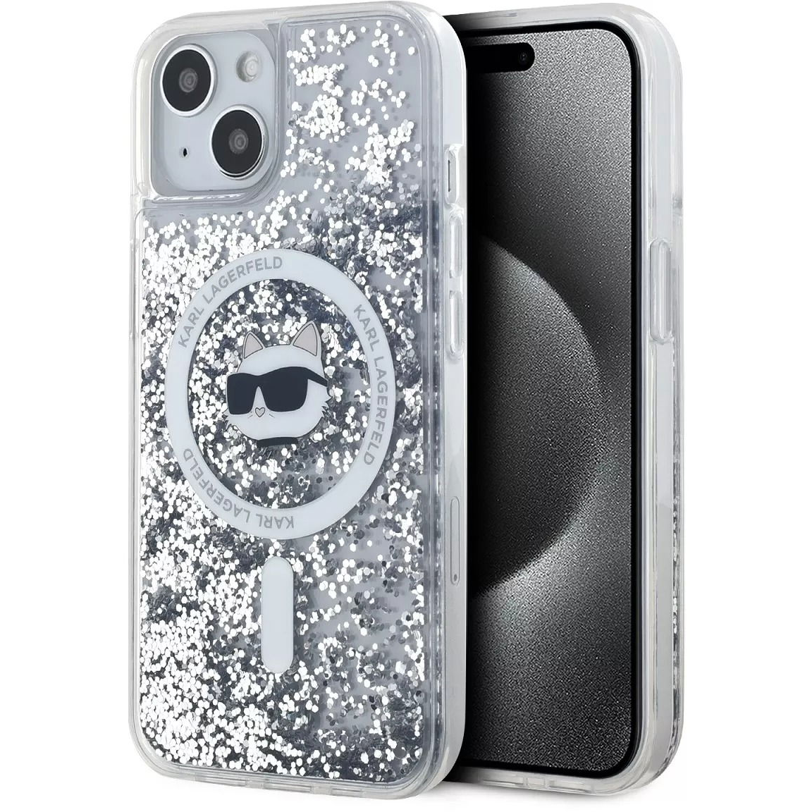Karl Lagerfeld Liquid Glitter Choupette Head iPhone 15 MagSafe átlátszó tok (KLHMP15SLGCHSGH)