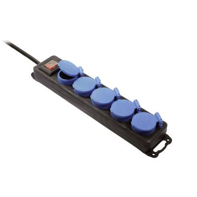 Kapcsolós hálózati elosztó, 5 részes, 1,5 m, IP44, fekete/kék, H07RN-F 3G 1,5 mm2, AS Schwabe 38609 (38609)