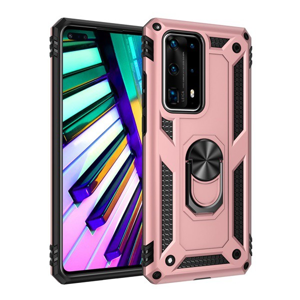 Defender műanyag telefonvédő (közepesen ütésálló, szilikon belső, telefontartó gyűrű, beépített fémlemez) ROZÉARANY [Huawei P40] (5996457945238)