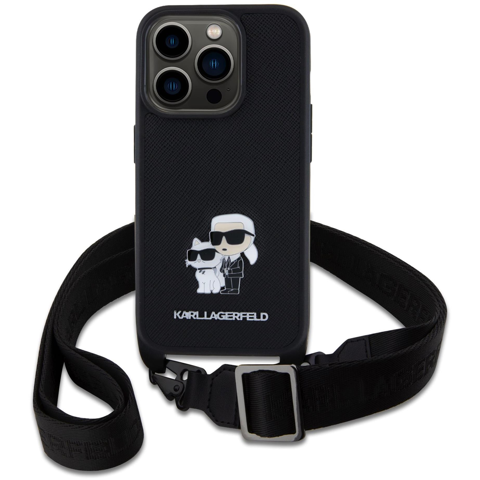 Karl Lagerfeld Saffiano Crossbody Metal Karl and Choupette iPhone 15 Pro fekete tok (KLHCP15LSAKCPBK)