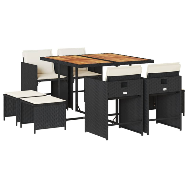 Set mobilier de grădină cu perne, 9 piese, negru, poliratan