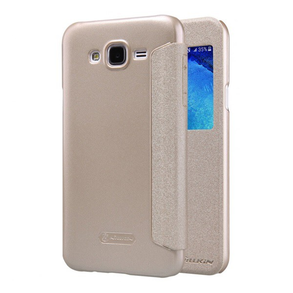 NILLKIN SPARKLE műanyag telefonvédő (mikroszálas bőr hatású FLIP, oldalra nyíló, hívószámkijelzés, S-View Cover) ARANY [Samsung Galaxy J7 (2015) SM-J700] (5996457580804)