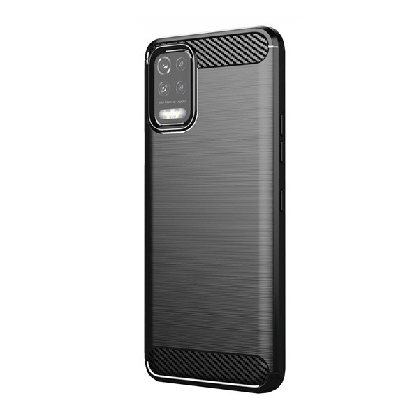 Szilikon telefonvédő (közepesen ütésálló, légpárnás sarok, szálcsiszolt, karbon minta) FEKETE [LG K62 (LMK525)] (5996591031361)
