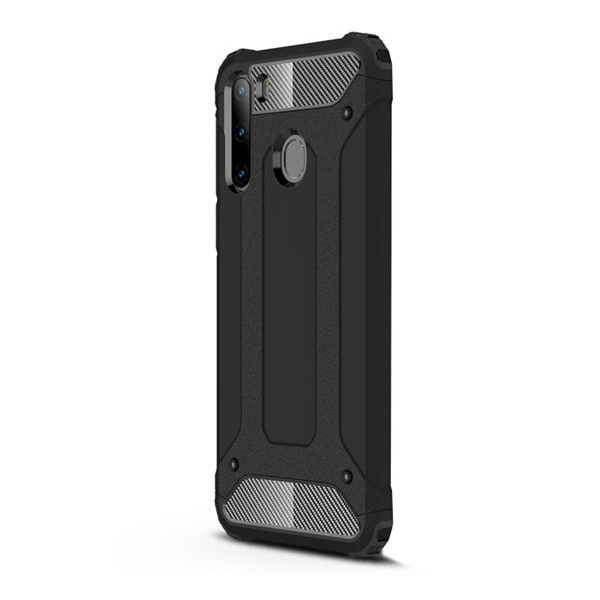 Defender műanyag telefonvédő (közepesen ütésálló, légpárnás sarok, szilikon belső, fémhatás) FEKETE [Samsung Galaxy A21 (SM-A210F)] (5996457933211)