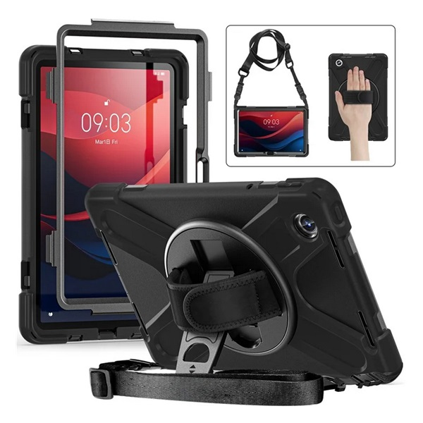 Defender műanyag telefonvédő (ütésállóság, kitámasztó, 360° + kézpánt) FEKETE Lenovo Tab M11 (TB330) 