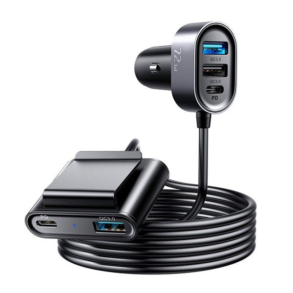 JOYROOM autós töltő 3 USB aljzat / 2 Type-C aljzat (5V / 4000mA, 72W, 1.5m hosszabbító) FEKETE (JR-CL05)