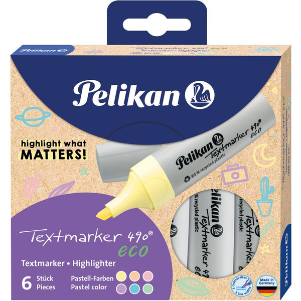 Pelikan Textmarker 490 eco Set aus 6 Pastell-Farben im Etui (823432)