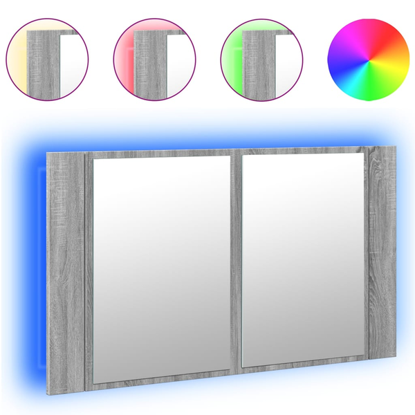 szürke sonoma akril LED-es tükrös fürdőszobaszekrény 80x12x45cm