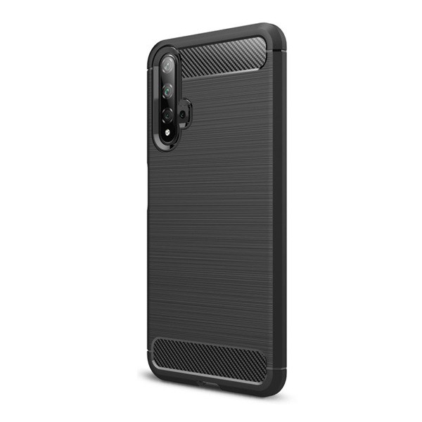 Szilikon telefonvédő (közepesen ütésálló, légpárnás sarok, szálcsiszolt, karbon minta) FEKETE [Huawei Nova 5T] (5996457889563)