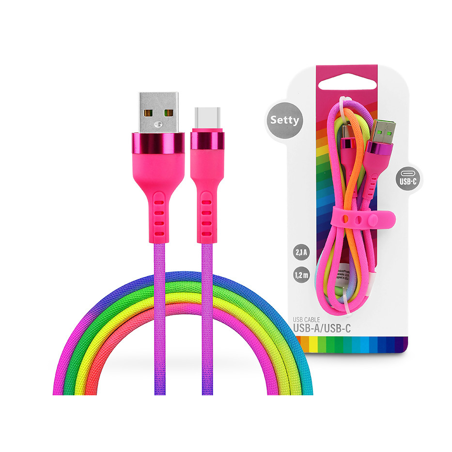 Setty USB - USB Type-C adat- és töltőkábel 1,2 m-es vezetékkel - Setty Rainbow -5V/2,1A (SE094179)