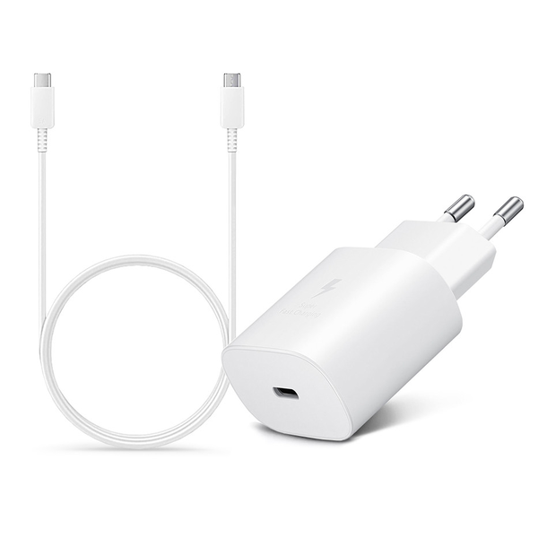 Samsung gyári hálózati töltő adapter Type-C bemenettel + 1 m-es Type-C - Type-C kábel - 25W - EP-TA800EWE + EP-DA705BWE - fehér (ECO csomagolás)
