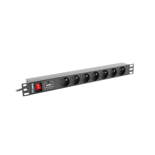 Удължител, Lanberg, 7 гнезда, черен, максимален ток 16А, максимална мощност 2500W, дължина 2м