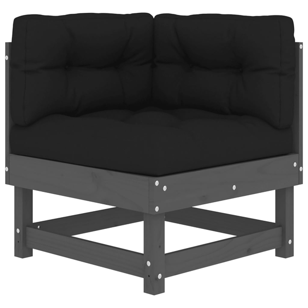 szürke tömör fenyőfa sarokkanapé párnákkal