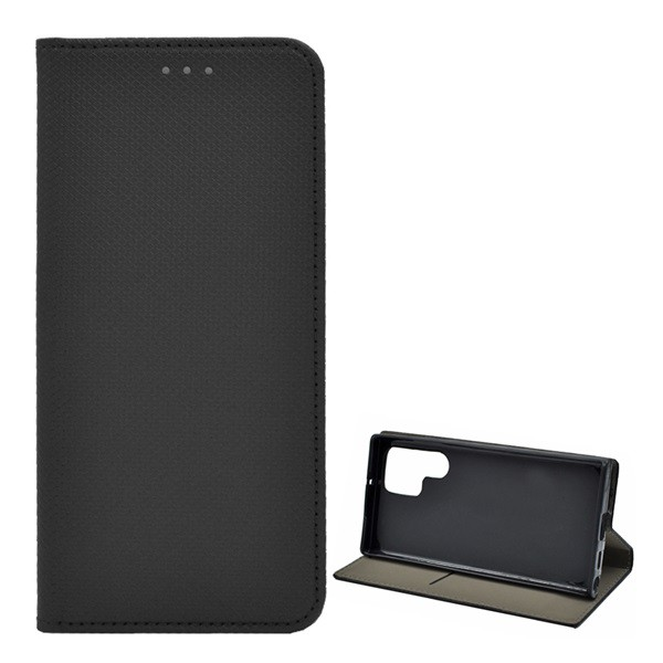 Tok álló, bőr hatású (FLIP, oldalra nyíló, asztali tartó funkció, rombusz minta) FEKETE [Samsung Galaxy S22 Ultra 5G (SM-S908)] (5996591122397)