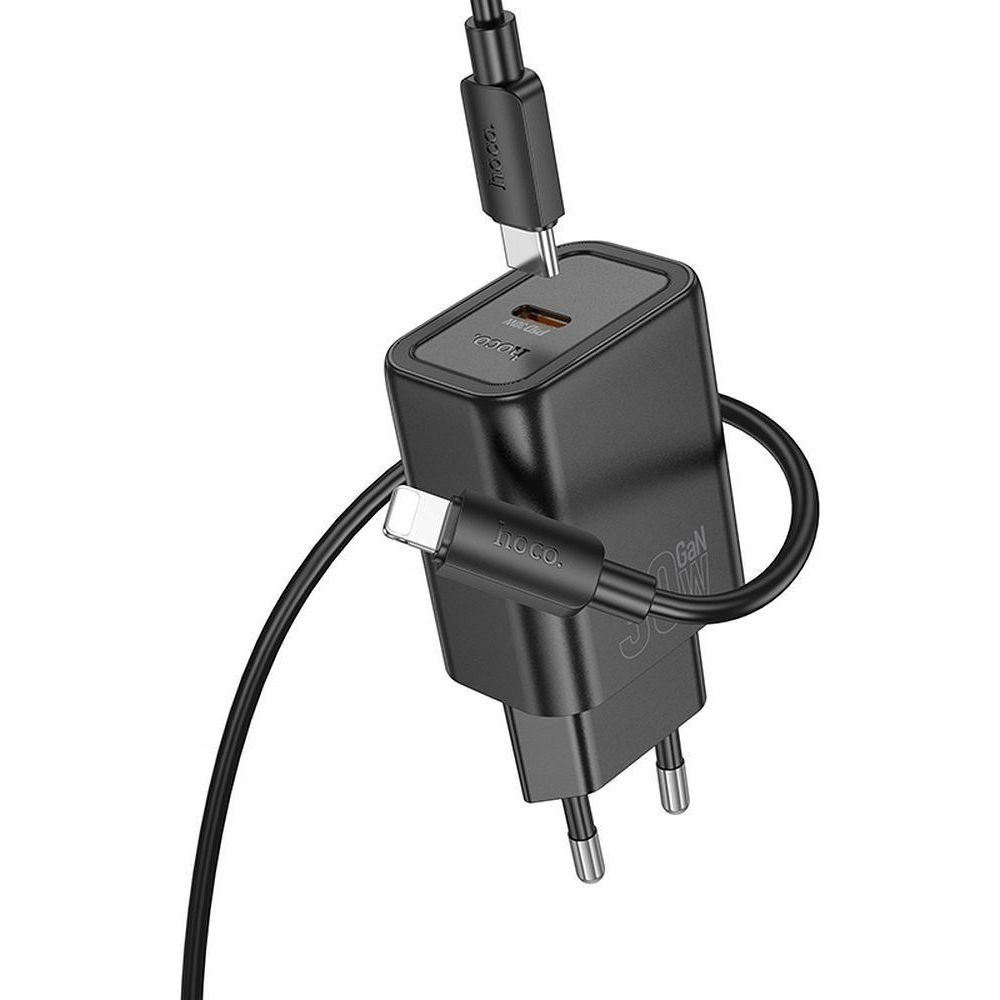 Hoco N62 Hálózati Töltő Type-C Aljzat 30w, Pd Gyorstöltő 3.0 + Lightning Kábel, Fekete ( )