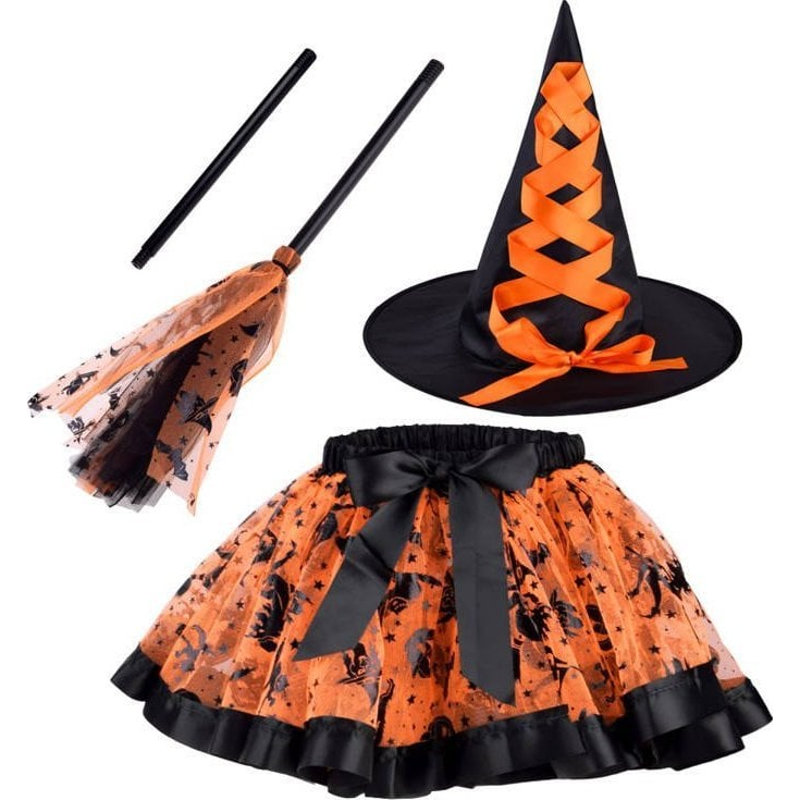 Boszorkány Jelmez Kalappal és Seprűvel Narancssárga Színben 3-6 éves Korig (ZA4806 PO)