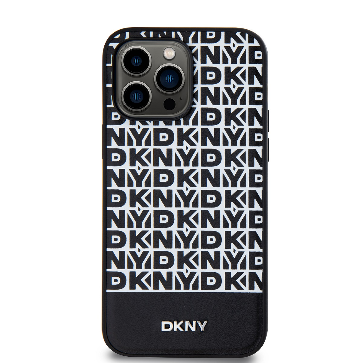 DKNY iPhone 15 Pro Max MagSafe Ismétlődő mintás alsó csíkos PU Bőr Telefon tok - Fekete (DKHMP15XPSOSPK)