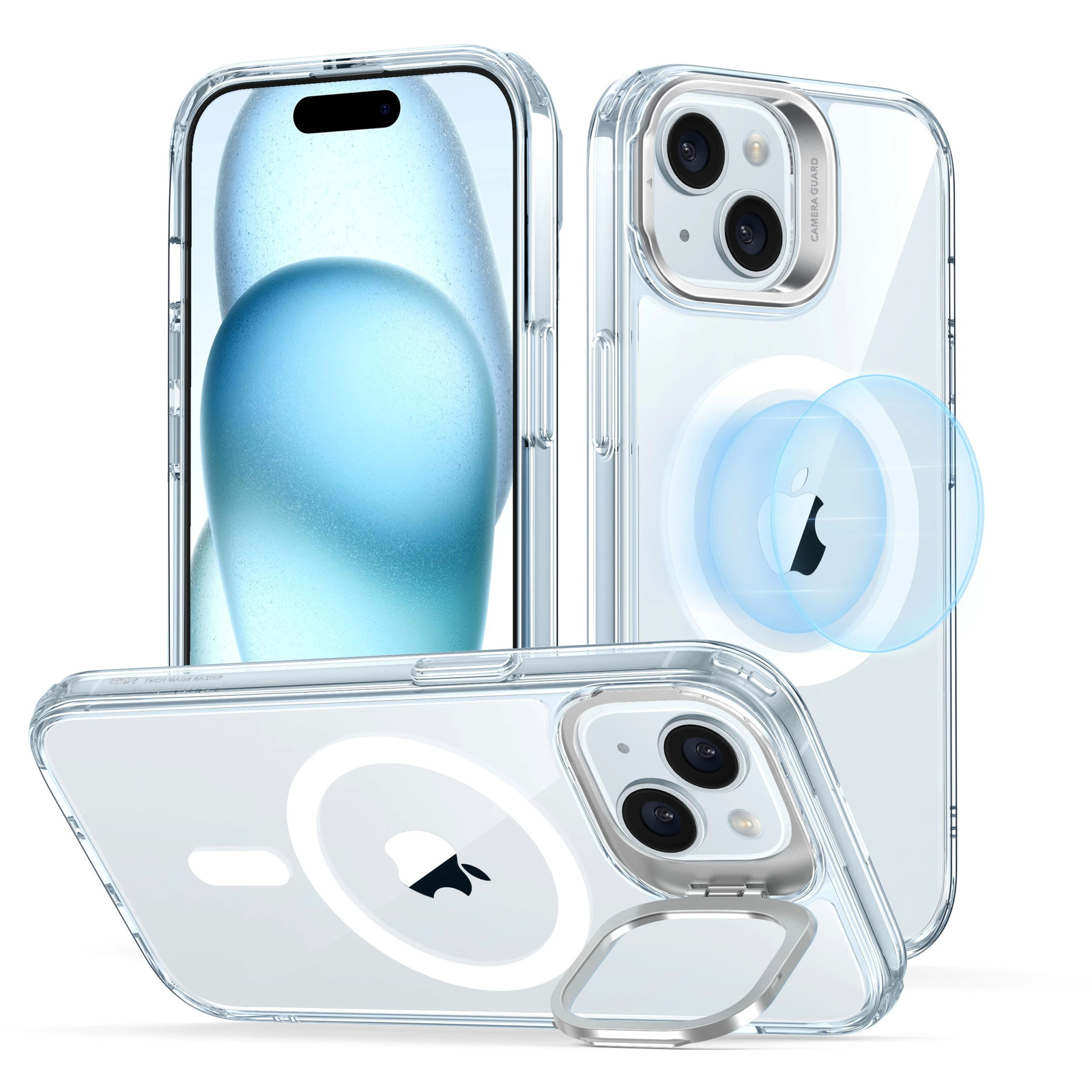 ESR Classic Hybrid Case with Stash Stand (HaloLock), Compatible with iPhone 15, Clear Blue tok (1A6720402)