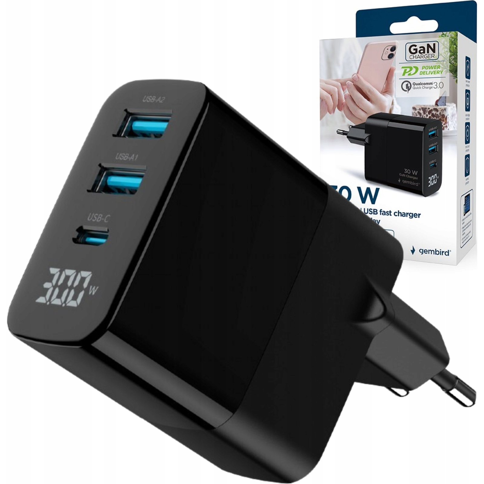 Gembird 3-Port 30W USB Fast Charger Black (TA-UC-PDQC30LCD-BK-02)