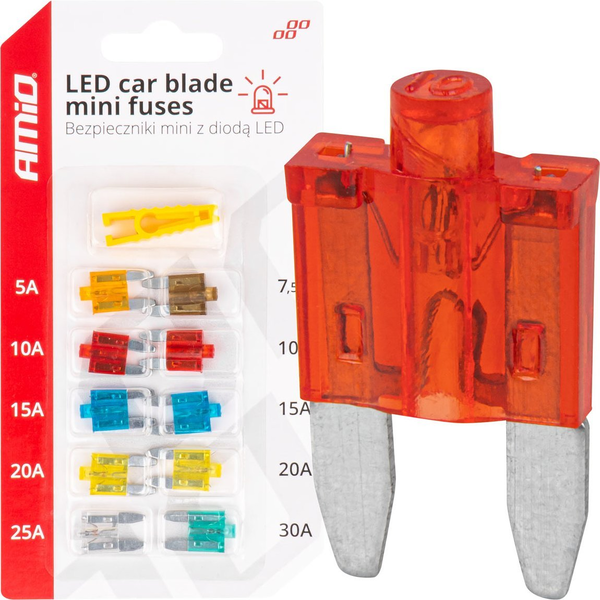 Bezpieczniki samochodowe mini z diodą led 10 szt. amio-04340