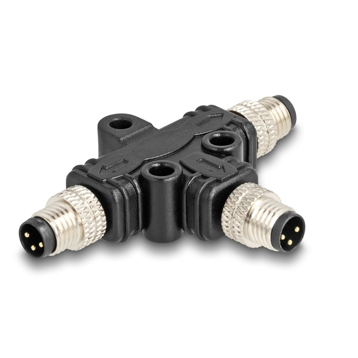 Delock M8 T-megosztó A-kódolt 3 tűs 1 x apa - 2 db. apa párhuzamos kapcsolással (60573) (60573)