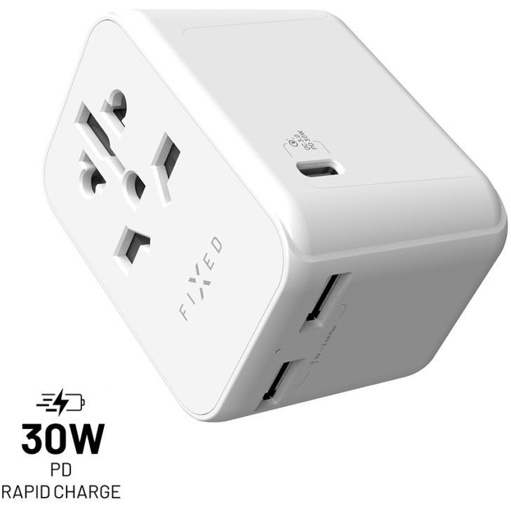 FIXED Travel GaN Adapter EU UK USA / AUS 1 x USB-C + 2 x USB - PD, 30W, fehér (FIXCT30-1C2A-WH)