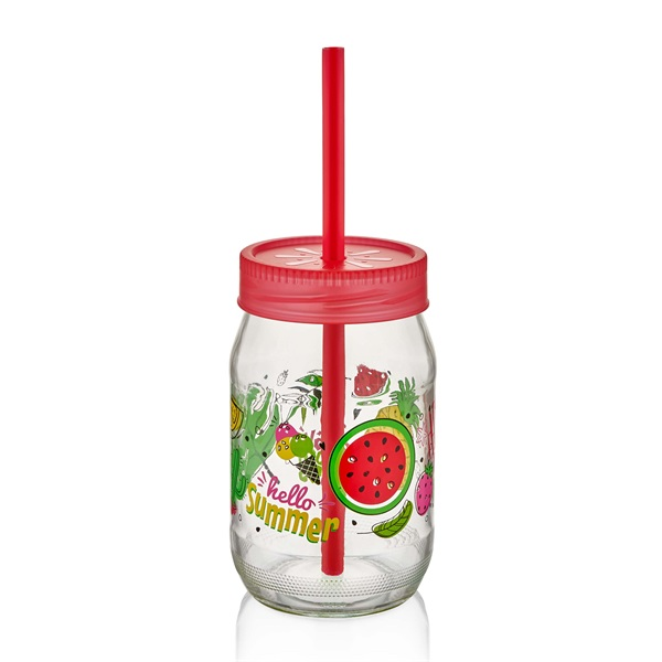 IRIS C-00162 Spring üvegpohár szívószállal 380ml, piros, zöld vagy sárga színű (C-00162)