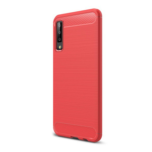 Szilikon telefonvédő (közepesen ütésálló, légpárnás sarok, szálcsiszolt, karbon minta) PIROS [Samsung Galaxy A7 (2018) SM-A750F] (5996457826193)