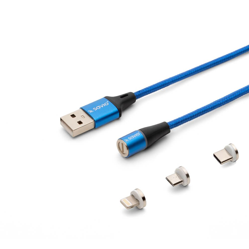 Savio 3az1-ben USB-C / Micro USB / Lightning mágneses kábel 2m kék (CL-157) (CL-157)
