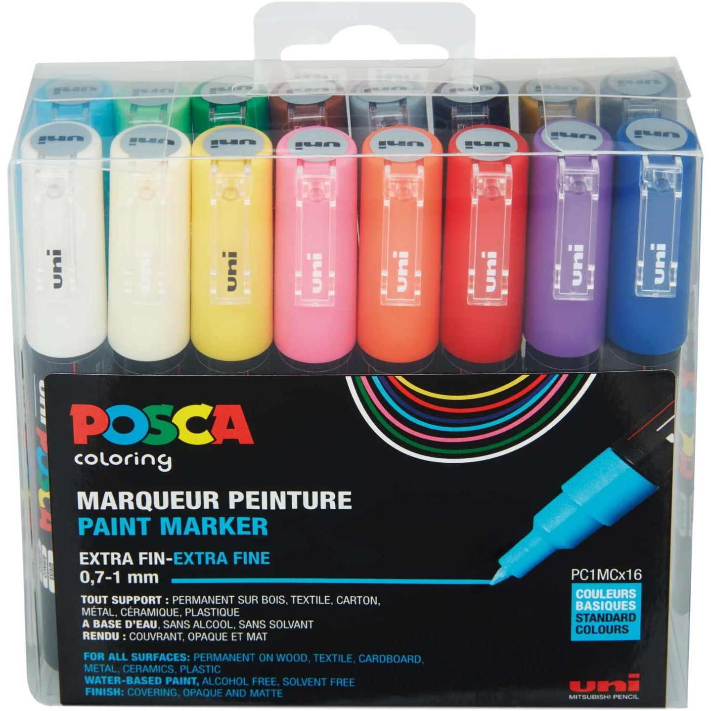 Uni Posca PC-1MC 0.7-1mm Jelölőmarker készlet - Vegyes színek (16 db / csomag) (186716)