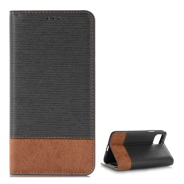 Tok álló, bőr hatású (FLIP, oldalra nyíló, asztali tartó funkció, textil hatás) FEKETE [Apple iPhone 11 Pro] (5996457903474)