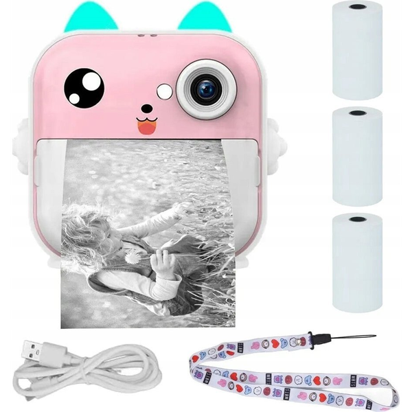 Extralink EPP-003 Pink, Mini Hőpapír-nyomtató Kamerával, 3 Tekercs Hőpapírral, 2,5 Hüvelykes LCD-kijelző, Bluetooth, USB-C, 1000 mAh