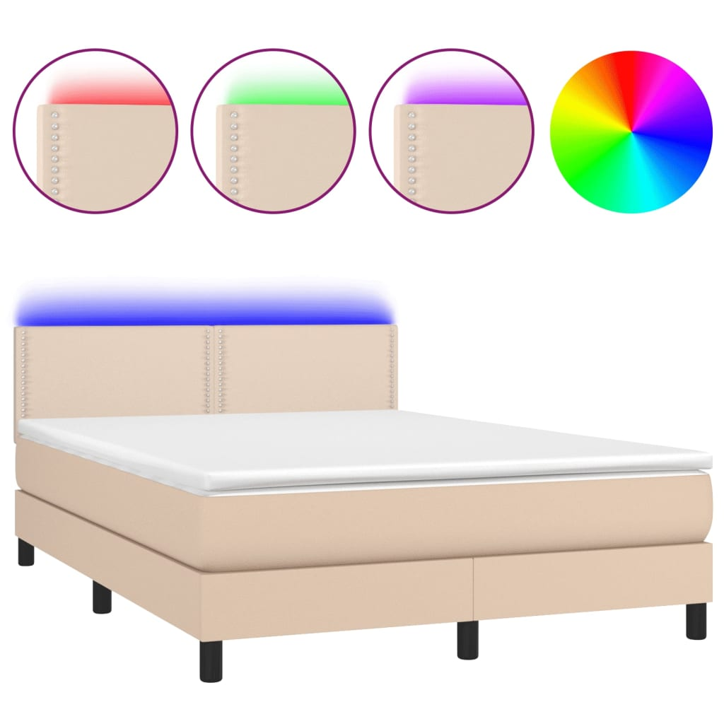 cappuccino színű műbőr rugós ágy matraccal és LED-del 140x190cm (3134164)