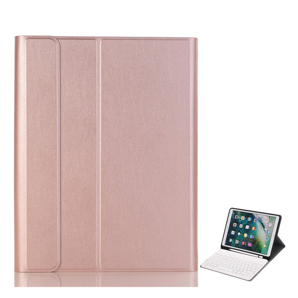 Tok álló, bőr hatású (FLIP, bluetooth billentyűzet, asztali tartó, QWERTY, angol nyelvű, érintőceruza tartó) ROZÉARANY [Apple IPAD 10.2 (2021)] (5996457912292)