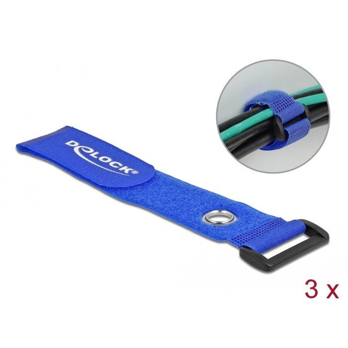 Delock befűzős kábelkötegelő tépőzárral és szorító karikával 280X38mm 3db kék (19551) (DE19551)